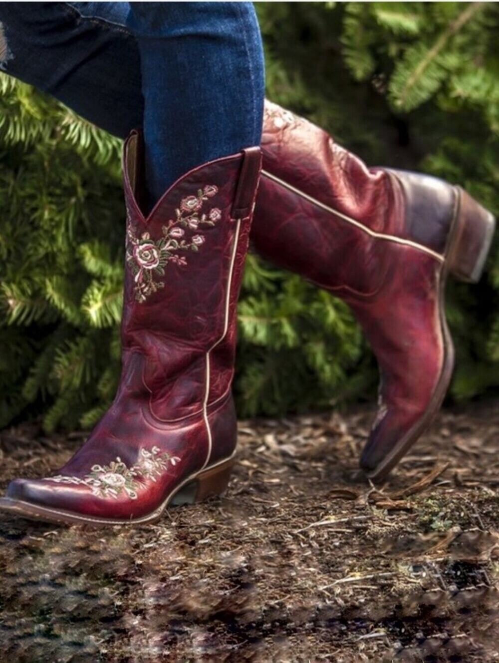 Shyanne Floral Embroidered Red Burgundy Leather Snip Toe Western Boots 7